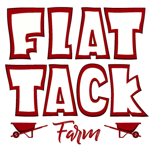 Red and white logo with 'Flat Tack Farm' text on a white background