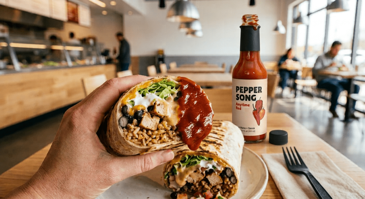 A hand holds a cut burrito with red sauce in a restaurant setting, with a bottle of Pepper Song Hot Sauce standing on the table nearby.