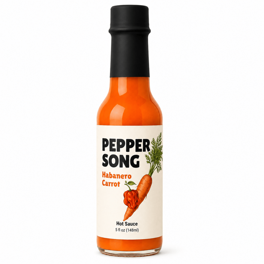 A 5 fl oz bottle of Pepper Song Habanero Carrot hot sauce on a clean white background. The bottle is filled with bright orange-red sauce, has a black cap, and a cream-colored label featuring an illustration of a carrot and bold black text.