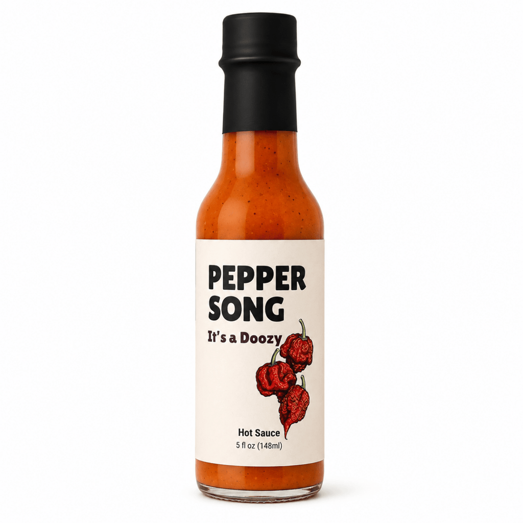A 5 fl oz bottle of Pepper Song It's a Doozy hot sauce, featuring a white label with black text and red chili pepper illustrations, topped with a black cap, on a white background.