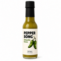 A 5 fl oz bottle of Pepper Song Jalapeño Green hot sauce, featuring a cream-colored label with black and green text and an illustration of two green jalapeños, topped with a black cap on a white background.