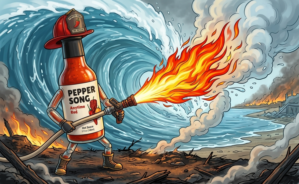 A drawing of a bottle of Anytime Red Hot Sauce as a firefighter, but shooting fire at water instead of shooting water at fire.