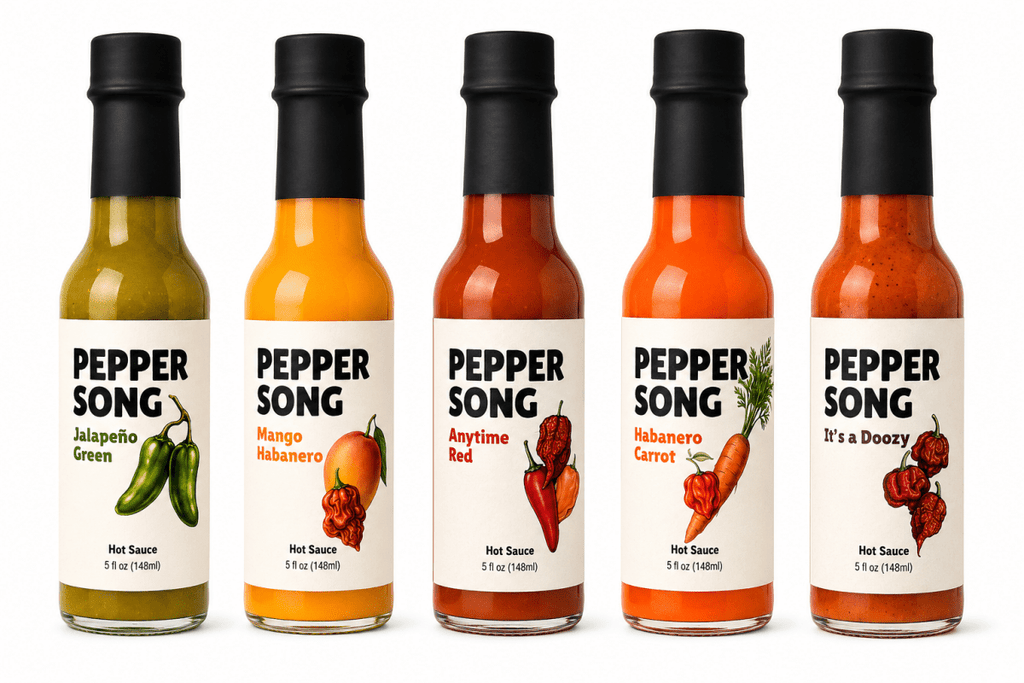 Five Pepper Song hot sauce bottles in different flavors arranged in a row on a white background. The bottles contain green, orange, and red sauces, with black caps and cream labels featuring bold black text and corresponding pepper illustrations.